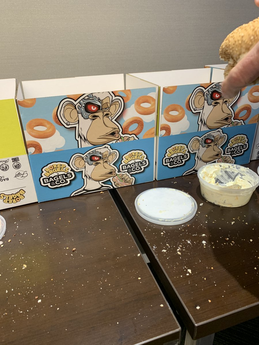 Went to my first #Web3 event last night hosted by <a href="/NFTPhilly/">NFTPhilly</a> and got a chance to catchup w/ @kaiyabunga too! Hopefully other <a href="/LobsterBC/">Lobster Beach Club</a> folks like <a href="/TheCherp11/">The Cherp</a> will make it next time lol.

And saw some cool use of NFT IP with <a href="/Bored_Bagels/">Bored Bagels</a> hosting refreshments for the event!