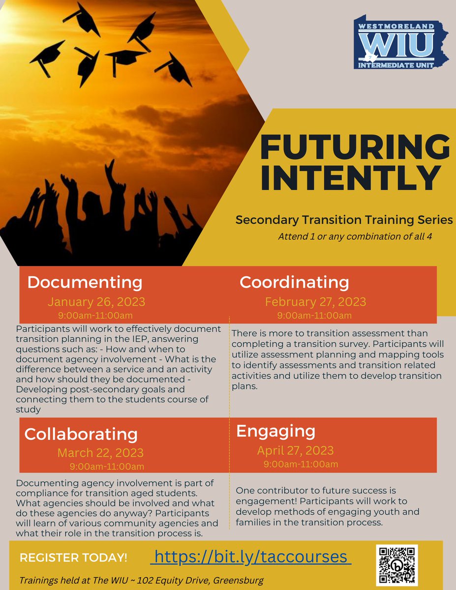 Futuring Intently; a transition focused training series. Join us for 1 or all 4 sessions, you decide. 
Space is limited to 10 participants so register early to confirm your participation. mylearningplan.com/WebReg/catalog…