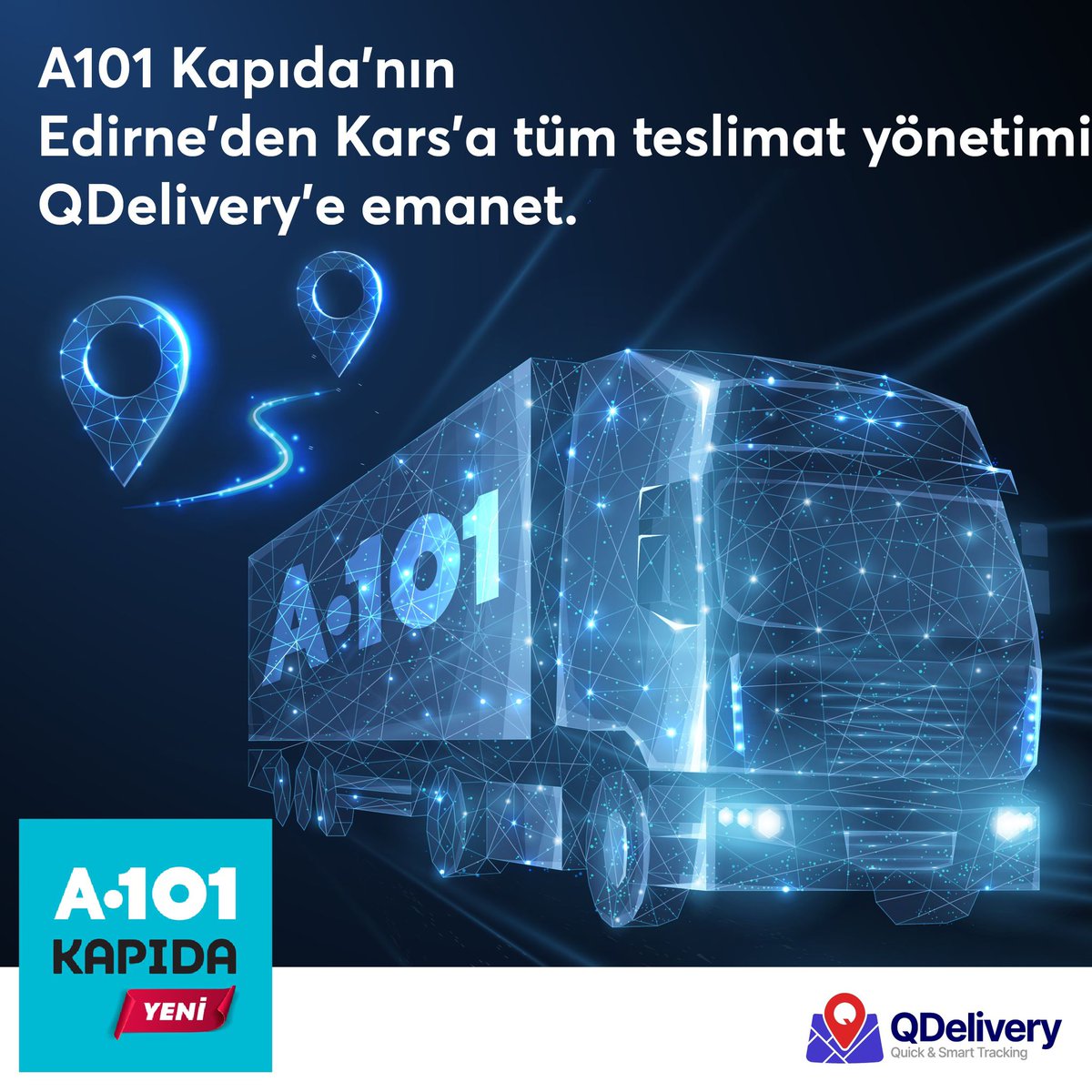 QDeliveryApp's tweet photo. A101 Kapıda ile işbirliğimiz kapsamında, Edirne’den Kars’a tüm teslimatların yönetimi QDelivery’e emanet. İşbirliğimizi duyurmaktan mutluluk duyarız.
#QDelivery #A101Kapıda https://t.co/5A6r3jWzS4