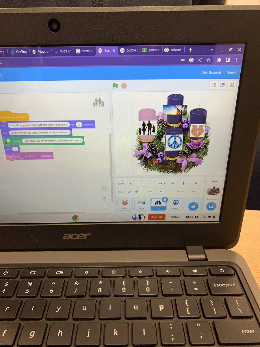 cqsew's tweet photo. We are continuing in our coding journey. We coded an Advent wreath and added how we can do an activity to help our path to Christmas. @SEWchargers https://t.co/rOdxbY7s9J