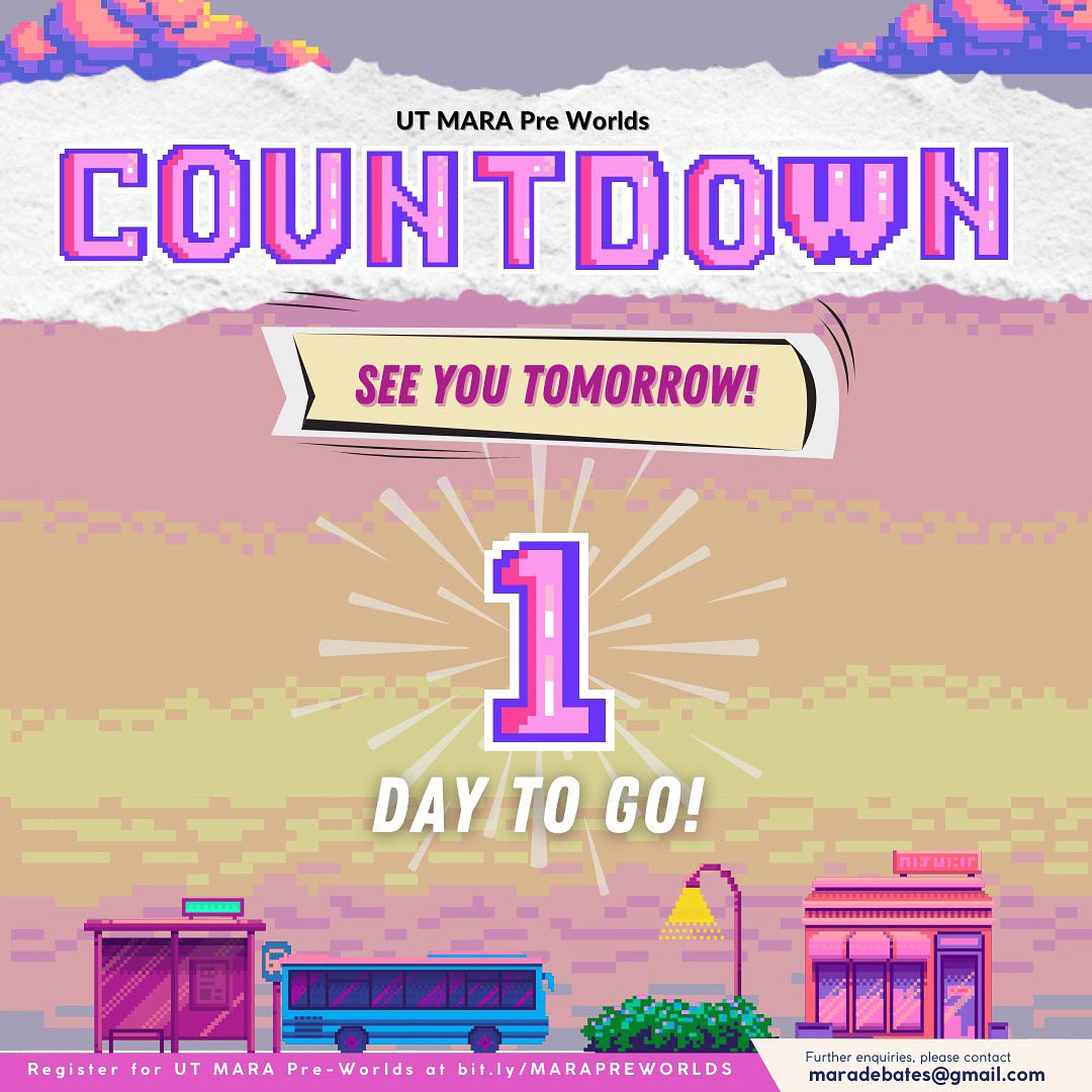 maradebates's tweet photo. 🎉1 DAY TO GO!🎉

Hello, participants! 👋
We have less than 12 hours left until the UT MARA Pre Worlds 2022 tournament! 🤩

Settle in and get ready to have fun! See you tomorrow! 💃🏻 https://t.co/iZZzlkjkZg