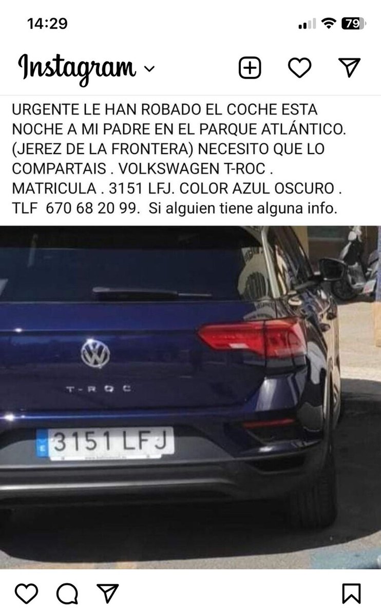 Un vecino de Jerez sufre el robo de su vehículo y pide colaboración ciudadana para localizarlo 😱☹🏃🚗🚨