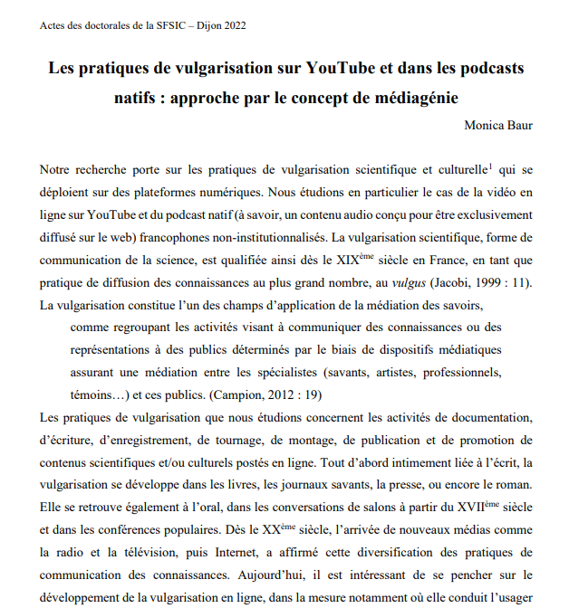 Les Actes des Doctorales 2022 de la <a href="/sfsic/">SFSIC</a> viennent de paraître 🤩 Vous y trouverez notamment mon article "Les pratiques de vulgarisation sur YouTube et dans les podcasts natifs : approche par le
concept de médiagénie" (p. 506-516)
➡️ sfsic.org/wp-inside/uplo…
