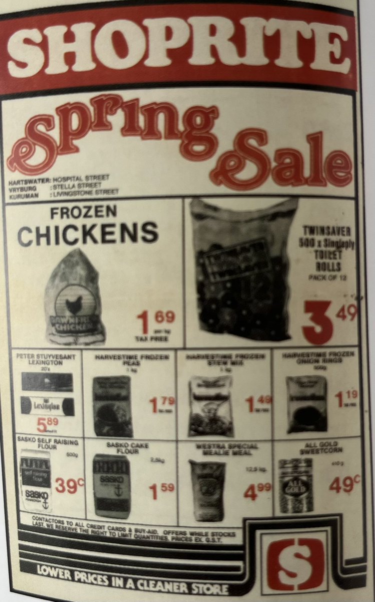 Look how far prices have come 👀👀

This is a Shoprite add in the 1980s

Frozen peas - R1.79
12 Twinsaver singleply  - R3.49
Frozen chicken - R1.69 per kilo

Now this is what you call inflation!

Source: Whitey by Niel Joubert