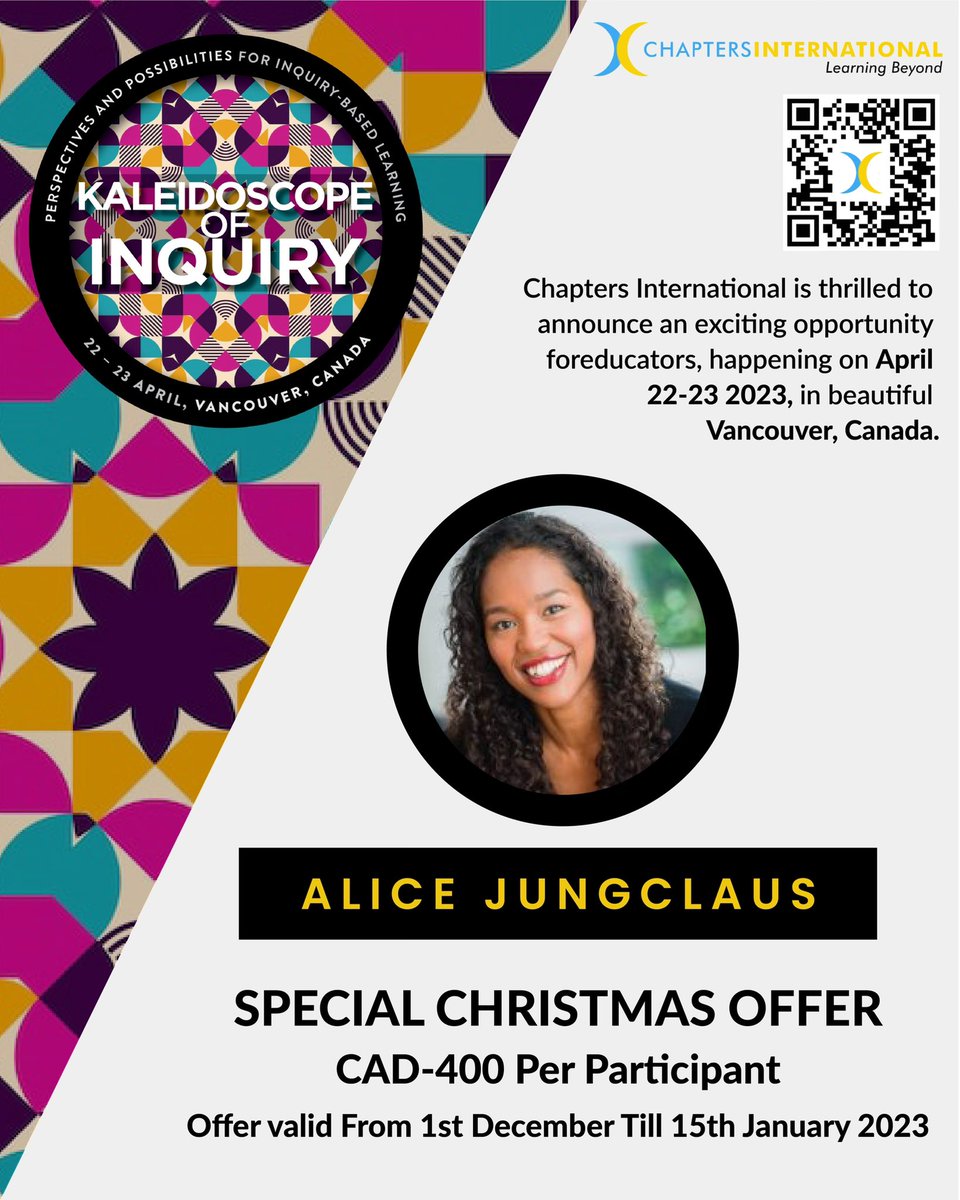 Join @AliceJungclaus at the #Kaleidoscopeofimquiry conference in #Vancouver this coming April and listen to her talk on Inquiry as an Approach to Amplifying Equity and Inquiry as an Action to Foster Belonging. #ChaptersConnect #Equity #Belonging #Inquirybasedlearning #inquiry