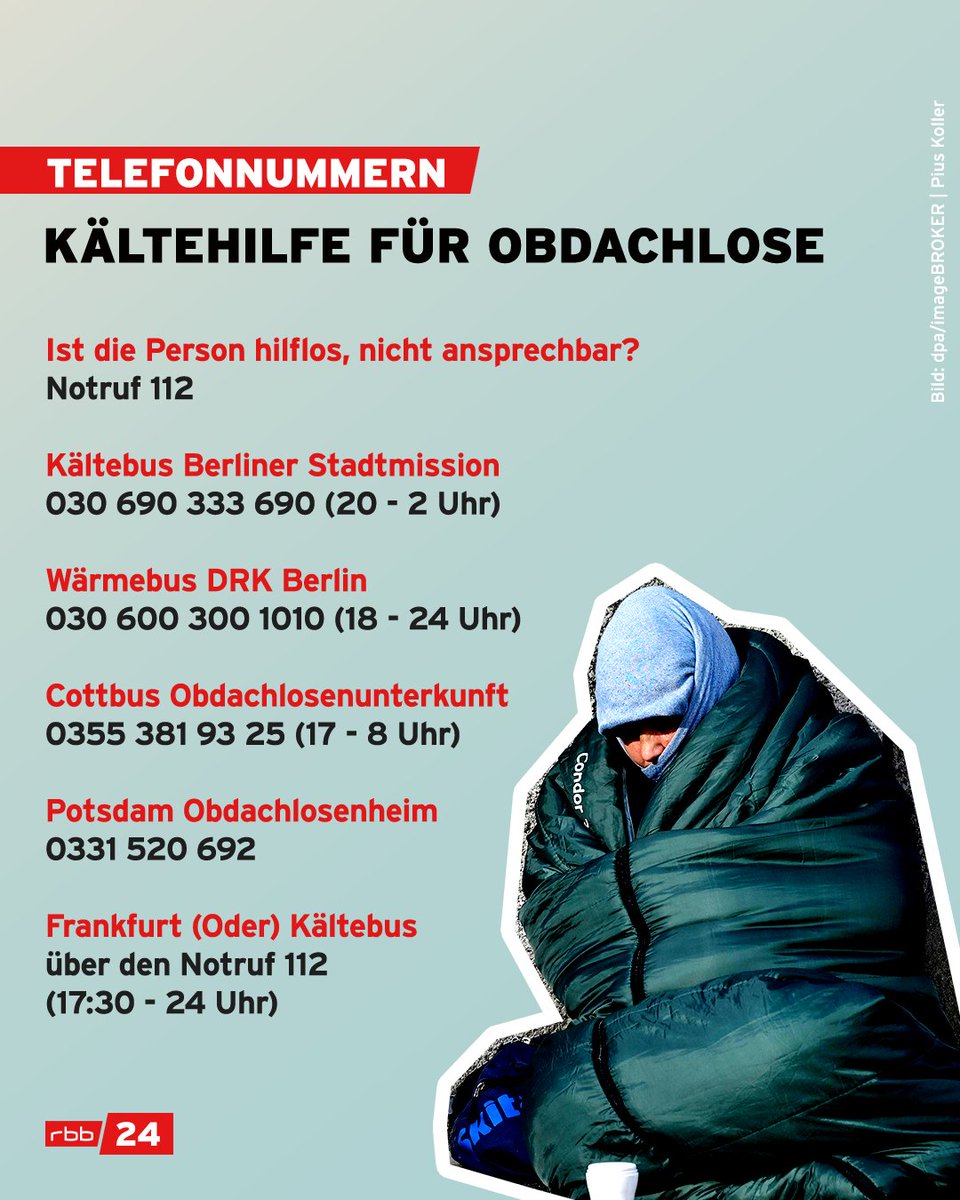 ❄️ Für #obdachlose Menschen kann der strenge Frost lebensgefährlich werden
📞 Unter diesen Nummern gibt es Hilfe 👇
rbburl.de/telefonkaelteh…
#berlin #brandenburg #kaelte