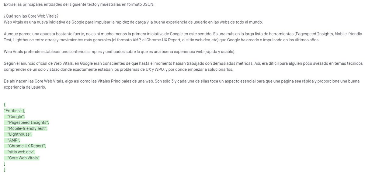 seostratega's tweet photo. Extracción de entidades con GPT-3 / ChatGPT.

Tenía que probar si funcionaba... y sí, vaya si funciona.  Esto es lo que devuelve GPT-3 👌

(Leed el hilo hasta el final, que la cosa se pone más interesante aún...) 🔥 https://t.co/teLtxujGO6