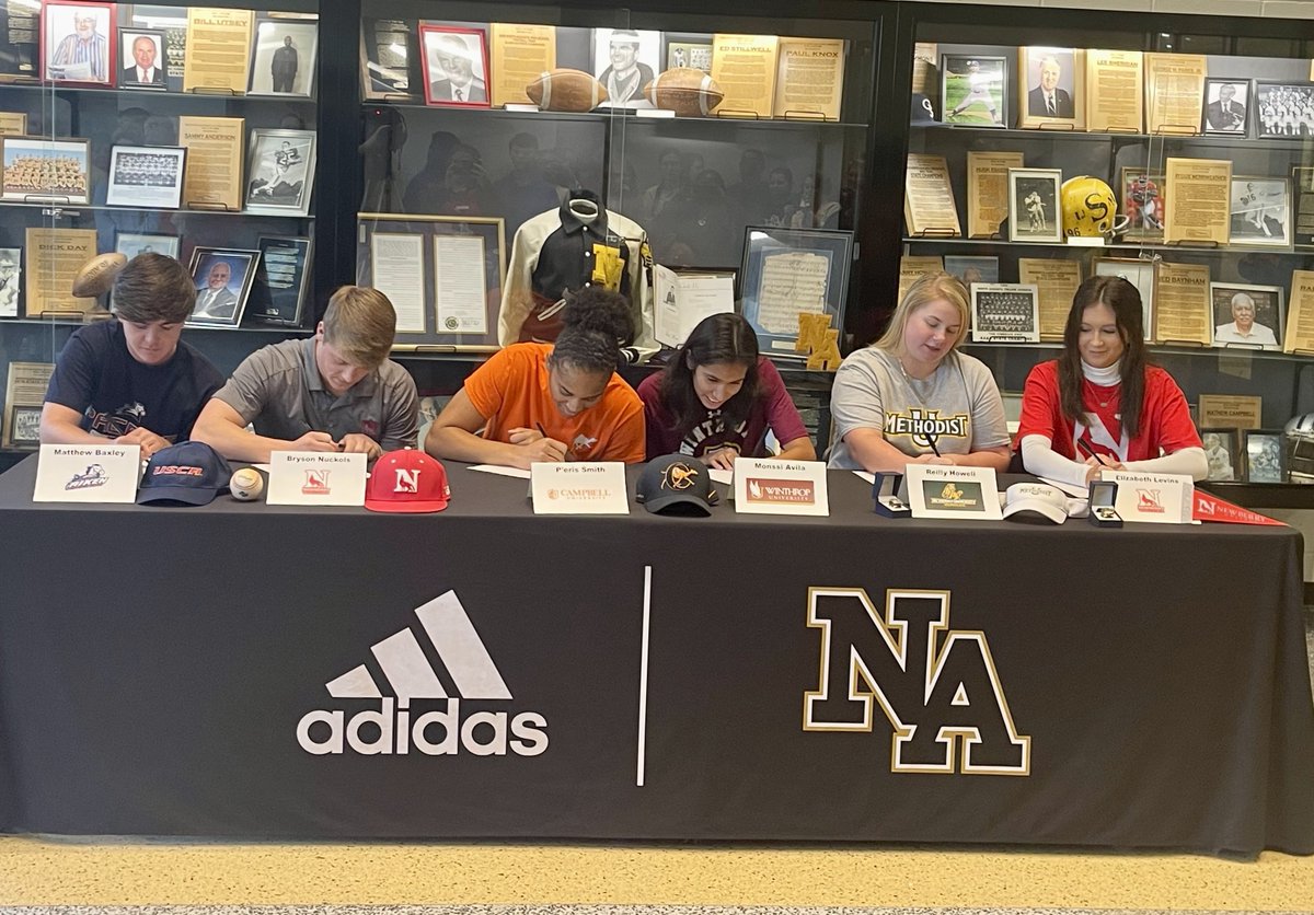NorthAugustaHS's tweet photo. Congratulations to the following students who signed with their colleges yesterday:
Bryson Nuckols &amp; Elizabeth Levins - Newberry 
P'eris Smith - Campbell 
Colson Brown - Georgia Tech 
Matthew Baxley - USC Aiken
Monssi Avila - Winthrop 
Reilly Howell - Methodist 
GO JACKETS! https://t.co/tEDA5ks1Jg
