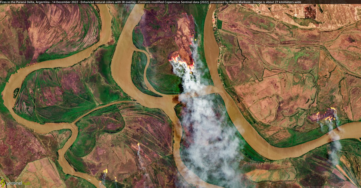 Pierre_Markuse's tweet photo. 🟠 Fires in the Paraná Delta, #Argentina🇦🇷 14 December 2022 #Copernicus🇪🇺 #Sentinel-2🛰️ Full-size ➡️ https://t.co/P6HrShAuPR #OpenData #SciComm #RemoteSensing #fire #wilfire Image is about 27 kilometers wide https://t.co/oMHeLsfrVp