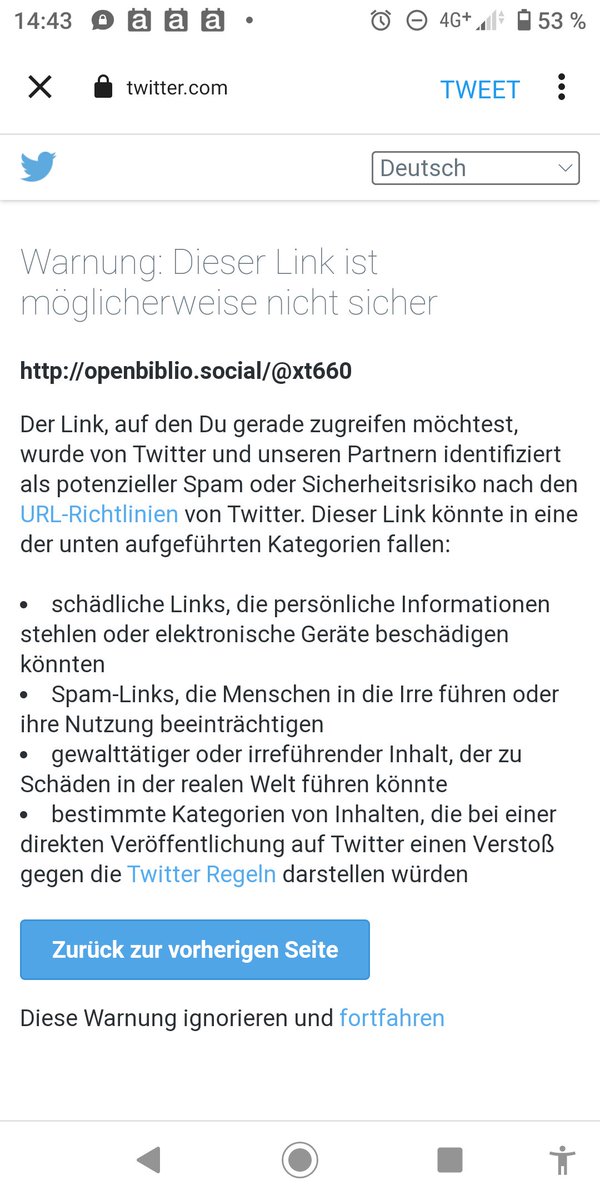 Mein Link zu @sbb_news M.st.d.n ist nun auch seitens Tw.tt.r  nicht mehr erwünscht ... traurig.