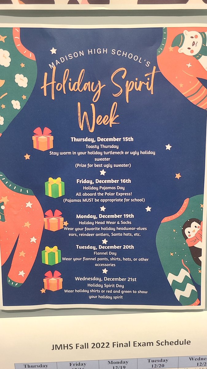 CounselorWestmo's tweet photo. Holiday Spirit Week at #MadisonHighSchool!!!
#TisTheSeason https://t.co/LEIfom8zHv
