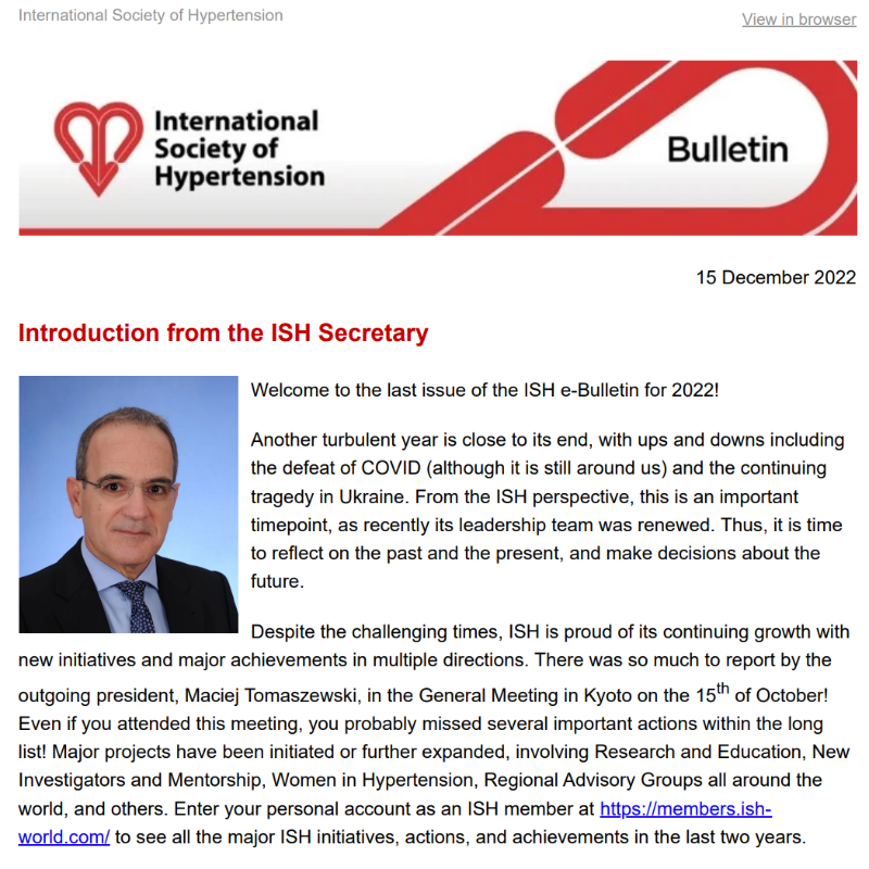 ISHBP's tweet photo. Check out the @ISHBP December e-bulletin, featuring:
- an end of year message from ISH Secretary Prof. George Stergiou
- our latest podcasts
- an #ISHNIC spotlight on ophthalmologist and researcher Dr Dhashani Sivaratnam
- #WiHypertenRes news
And more ⬇️