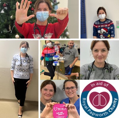 RoyalPapworth's tweet photo. 7,000 people are waiting for a transplant, which is why #OrganDonation is so important. Our lung transplant physician @DrCMPatterson is wearing a different Christmas-themed outfit🎄👚to support @papworthcharity.  Please support her if you can.
 https://t.co/g3tCNZbkB3 https://t.co/nDyzbsiyX5