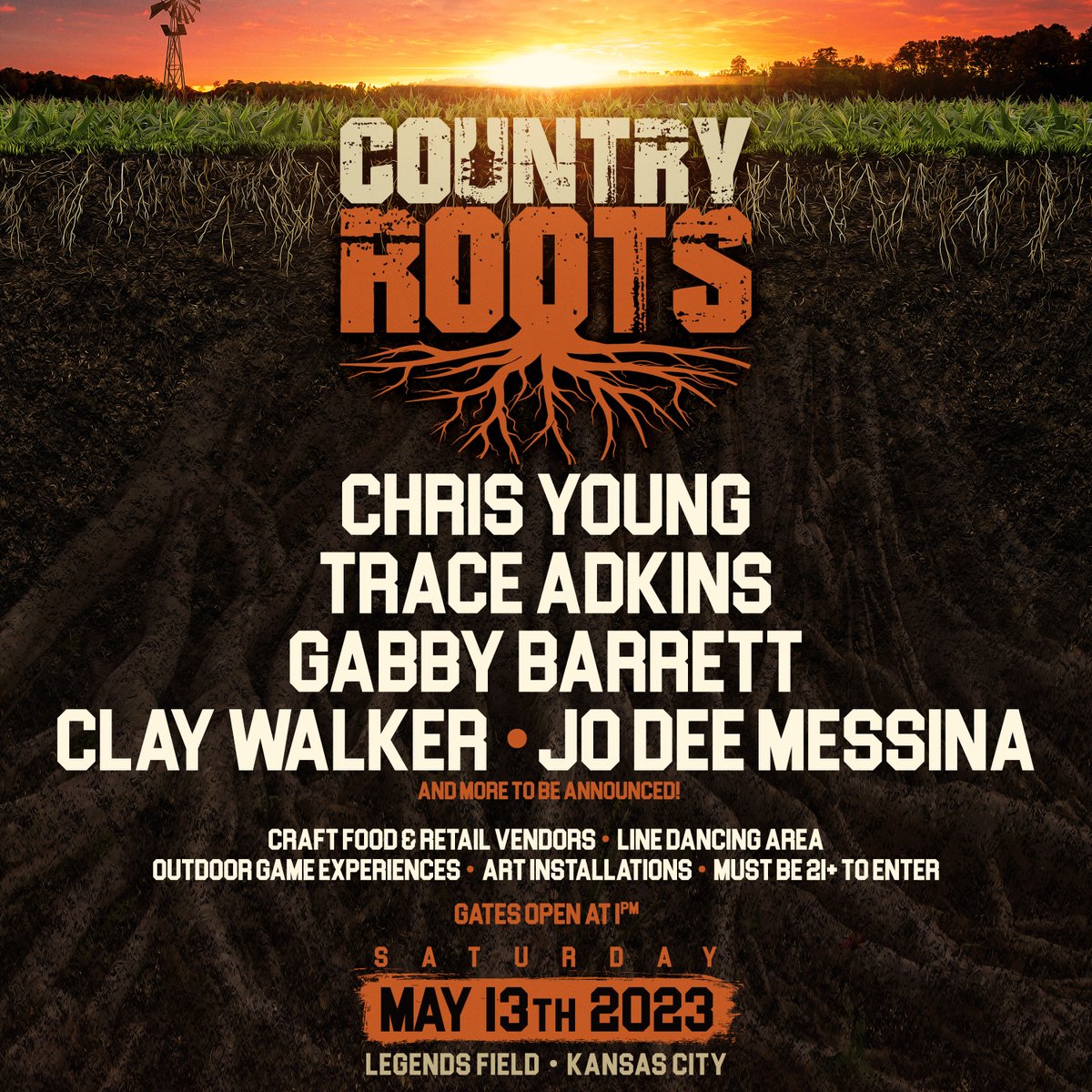 kscitymonarchs's tweet photo. Introducing Kansas City's newest country music festival--COUNTRY ROOTS 
Join us for performances by Chris Young, Trace Adkins, Gabby Barrett, &amp; MORE!

May 13, 2023 | Legends Field 

Tickets are on sale NOW at https://t.co/UoZS2LYbPT! 
Read more here: https://t.co/8lU9w47ZoF https://t.co/ChmzMed2Mi