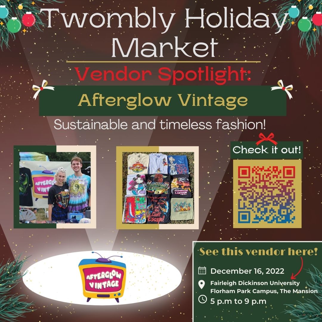 The Twombly Market is TONIGHT! Come support vendors like FDU alum small business Afterglow Vintage. Afterglow Vintage carries a wide curation of vintage clothing. Scan the QR code below to check them out or come shop at the Twombly Holiday Market tonight! lnkd.in/ebfgQxUg