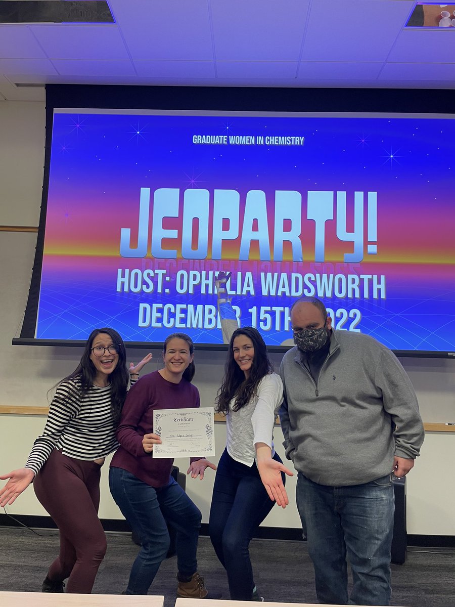 GWICatVT's tweet photo. What a FUN night!! Thanks everyone for participating Jeopardy Night with us! We learned a lot, especially @VTChemDept history! Congrats to @SchulzLabVT @MeversLab @edgar_group as TOP 3 WINNERS �� Shout out to all the participants, and our amazing host Ophelia! Happy holidays!🎄🥳 https://t.co/dJHudqjUfQ