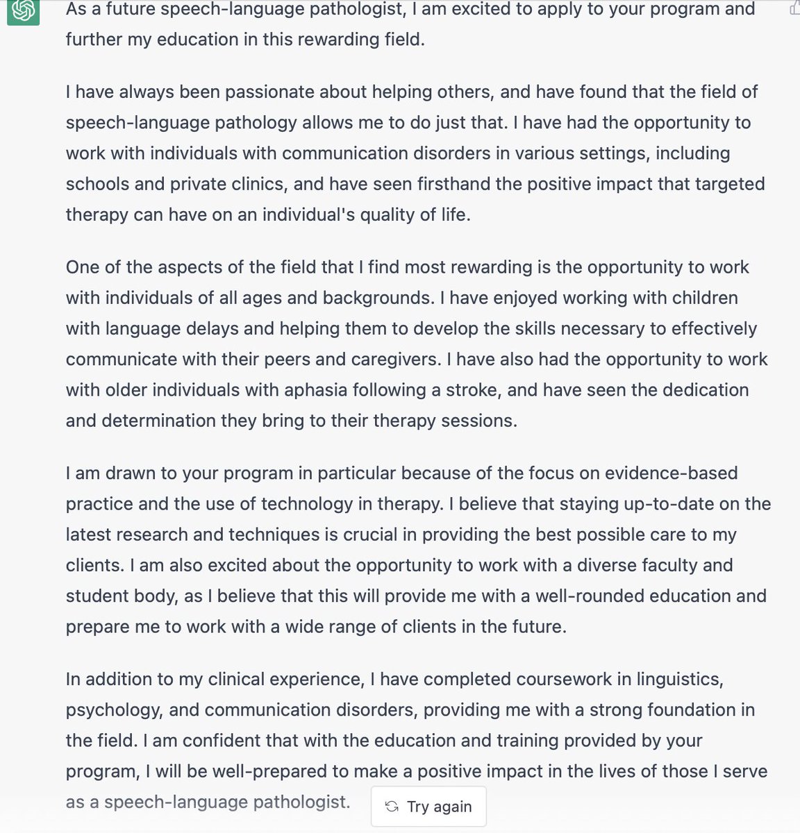 larchiba6's tweet photo. In response to my prompt, 'write an essay for admission to a speech-language pathology program, https://t.co/Y8DH5xzPU2 returned this...

Interesting discussion in future trends forum on AI: https://t.co/VpYKyaJQfq 

ChatGPT exposes rote assessments vs work of thinking &amp; analysis https://t.co/8B6giWNl1U