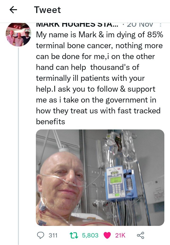 UnsungheroMark's tweet photo. Im asking all followers of the show to please follow &amp; support a terminally ill person who standing up for thousands of terminally ill people being penalised by the government for living longer than 12 months,in January im releasing my government petition &amp; need you to follow me https://t.co/OF69Tqwoko