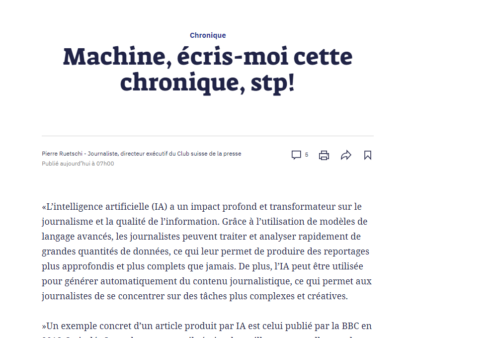 pierreruetschi's tweet photo. #ChatGPT m'a poliment fait comprendre que nous autres journalistes ferions bien de garder l'#IA et les robots à l'oeil si on ne veut pas se faire bouffer. En attendant, il m'a écrit un bon bout de ma chronique https://t.co/Cg4U16diny #journalisme #Robots #ArtificialIntelligence https://t.co/EMw9drMqBT