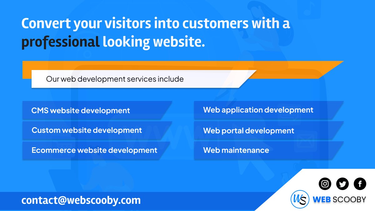 WebScooby's tweet image. Want your visitors to become your customer? Then you want a professional looking website...!!!
And you know what...we can help you in that...!!!💯
#webdevelopmentservices #websitedevelopmentservices #webappdevelopmentservices #webapplicationdevelopmentservices #websitemain