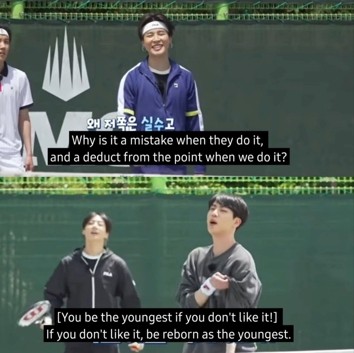 hourlyjinjikook's tweet photo. jin told jimin to be reborn as the youngest if he doesn’t like the fact that they let jungkook get away with his mistakes when playing tennis 😭 https://t.co/xqXEqjpr4X