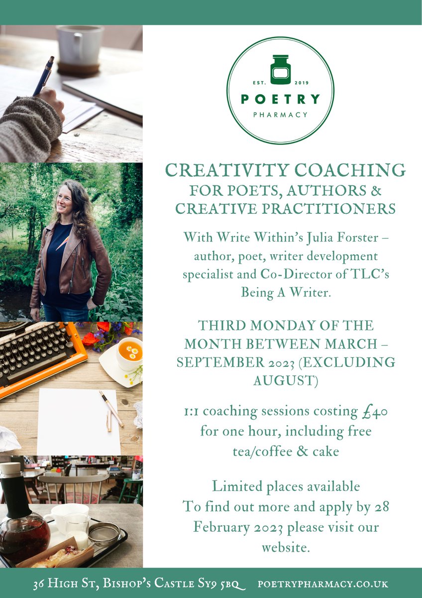 Julia Forster | Write Within (@writerforster) on Twitter photo I'm opening my doors to new coaching clients at <a href="/emergencypoet/">Poetry Pharmacy ๐๐๐๐ช๐บ</a> in Bishop's Castle
๐ 6 hour-long sessions (3rd Monday of the month Mar - Sep, exc. Aug)
๐ Ideal for creatives at cross-roads
๐ ยฃ40 per session (free drink & cake)
๐ Apply by 28 Feb 2023: julia-forster.com/coaching I'm opening my doors to new coaching clients at <a href="/emergencypoet/">Poetry Pharmacy ๐๐๐๐ช๐บ</a> in Bishop's Castle
๐ 6 hour-long sessions (3rd Monday of the month Mar - Sep, exc. Aug)
๐ Ideal for creatives at cross-roads
๐ ยฃ40 per session (free drink & cake)
๐ Apply by 28 Feb 2023: julia-forster.com/coaching