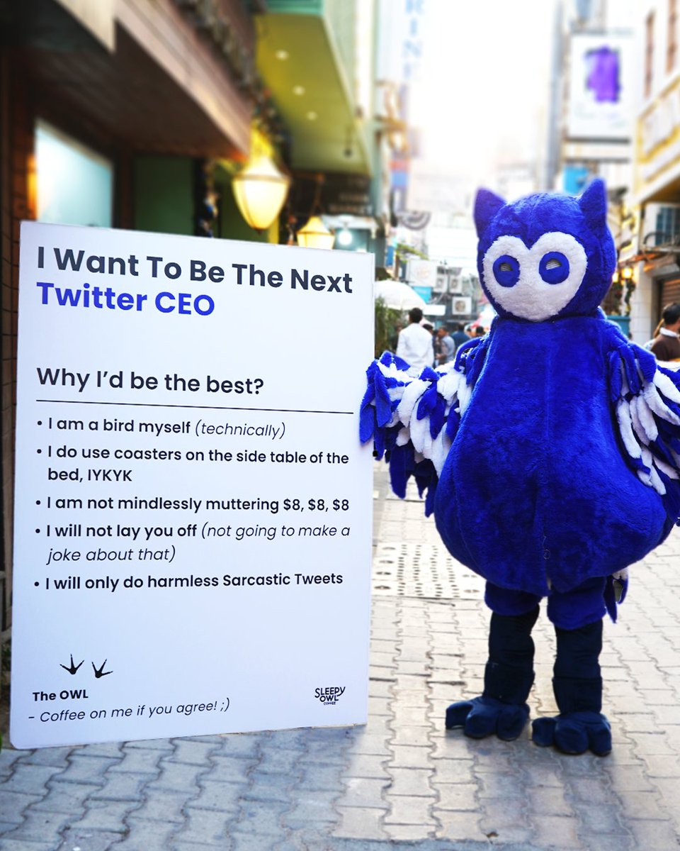 sleepyowlcoffee's tweet photo. Hi @elonmusk, it's time we meet. Say goodbye to your empire because the real blue bird is here to take over now. 

- Incoming Twitter Ceo

#TwitterTakeover #OwlforTwitterCEO https://t.co/pXUkubOKbN
