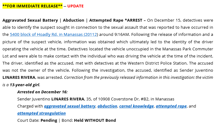 PWCPolice's tweet photo. *UPDATE: #PWCPD detectives have arrested a 35-year-old Manassas man in connection to the sexual assault of a 13-year-old girl that reportedly occurred in the 5400 block of Hoadly Rd in #Manassas on Dec. 15 around 9:00AM. The suspect is in custody. More info; https://t.co/RZXMe6I2GP