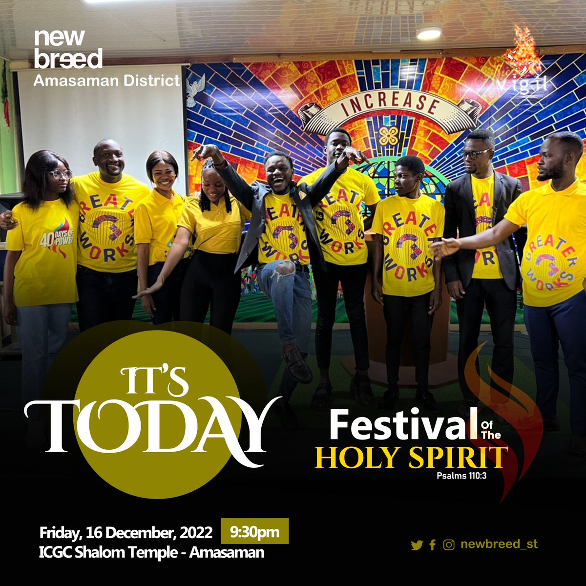 ST_NewBreed's tweet photo. Na Todayyyyy🥳🥳🕺💃🏽
We will be celebrating the Holy Spirit as He manifests and we encounter Him.

Call that friend, get your New Breed T-shirt ready and anticipate the Glory of God tonight. 

See you @shalomicgc at 9pm sharp🔥🔥

#FOTHS 
#TheVigil 
#NewBreed 
#WeAreICGC https://t.co/5xFrJqaoSm