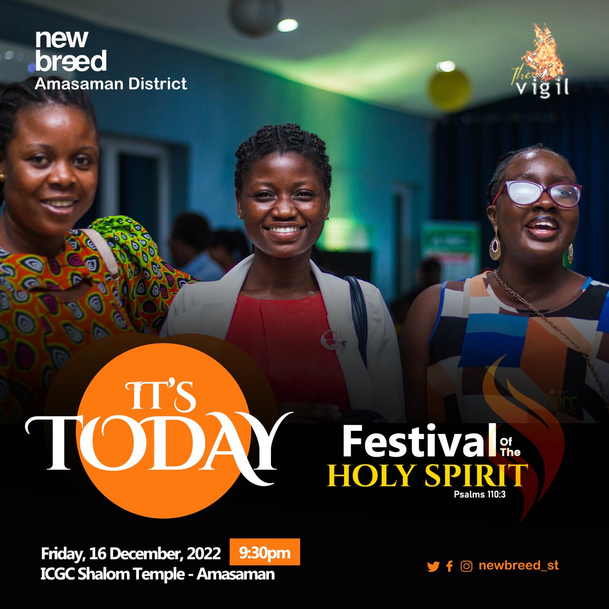 ST_NewBreed's tweet photo. Na Todayyyyy🥳🥳🕺💃🏽
We will be celebrating the Holy Spirit as He manifests and we encounter Him.

Call that friend, get your New Breed T-shirt ready and anticipate the Glory of God tonight. 

See you @shalomicgc at 9pm sharp🔥🔥

#FOTHS 
#TheVigil 
#NewBreed 
#WeAreICGC https://t.co/5xFrJqaoSm