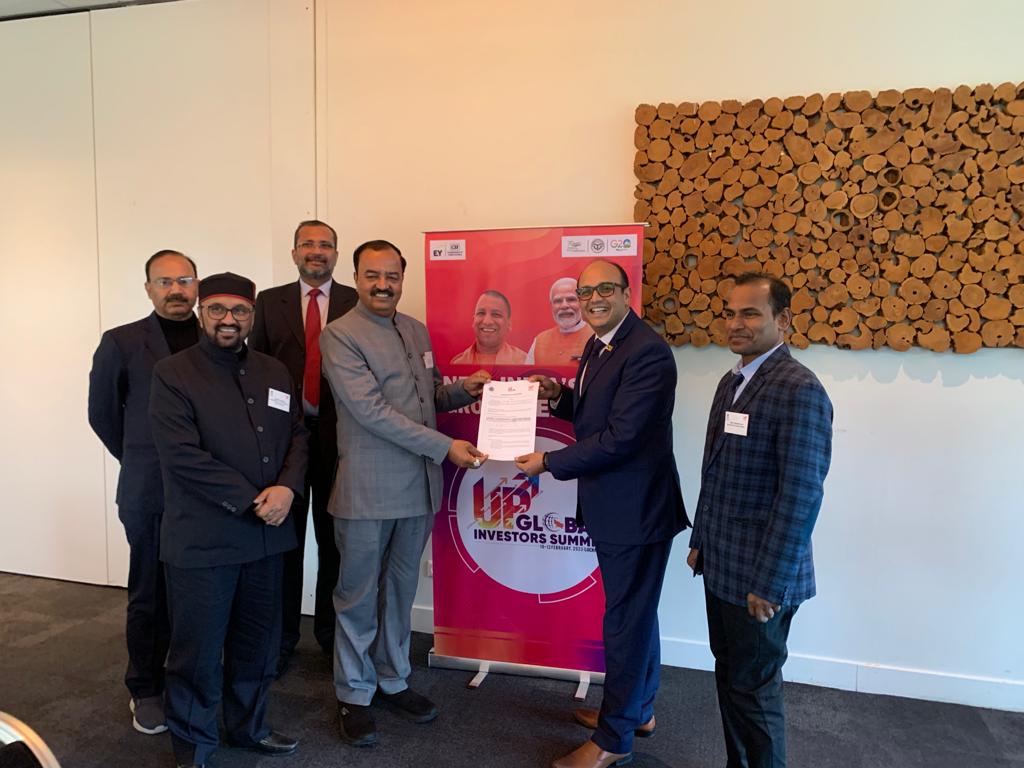 InvestInUp's tweet photo. Investment intent of 100 Crores for setting up a Wellness Centre, Eco Tourism Resort and IT Centre in Mathura signed between Govt of UP delegation and Valuecent Group. #UPGoesGlobal #UPGIS2023 #Valuecent https://t.co/Y3hCknedzm