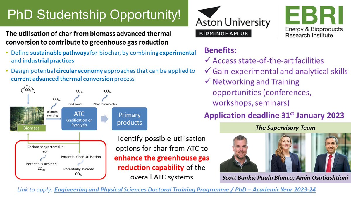 #phd projects available! If you are interested in #biochar and its utilisation, including sustainable pathways! Fully funded PhD position! 
Email me directly if you are interested (s.banks@aston.ac.uk) Deadline: 31st January 2023
lnkd.in/eZfPcJBQ