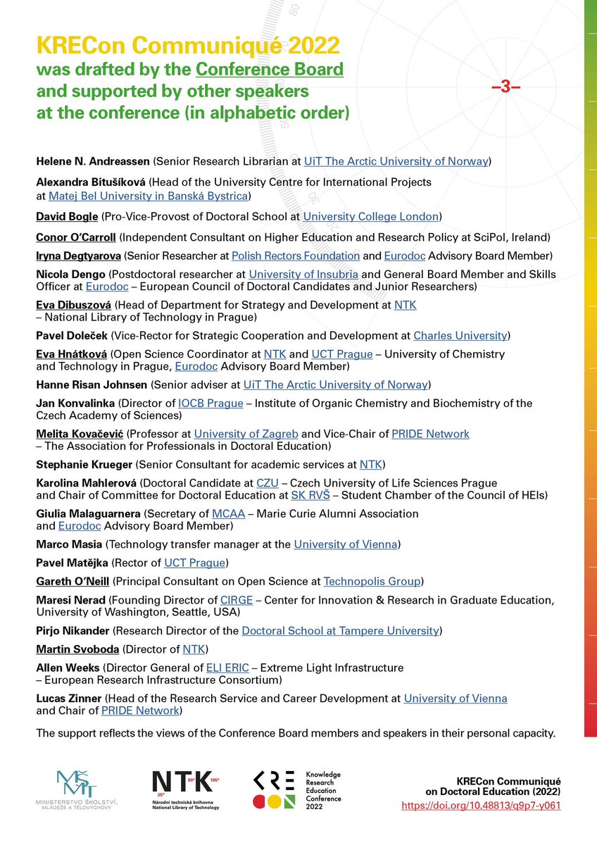 #KRECon2022 Communiqué on #DoctoralEducation 👉 6 Concreate Recommendations for the Czech 🇨🇿 Higher Education system as an output from the #Knowledge #Research #Education Conference held in Prague under the Czech Presidency of the Council of the EU 🇪🇺 📝 bit.ly/3hDxJB4