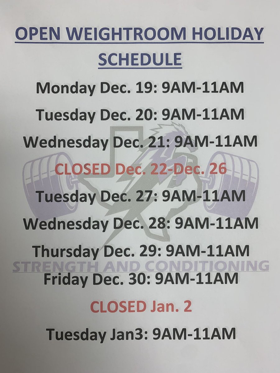 Open weight room hours this holiday break. Stay active, be safe, and enjoy this time with your loved ones!
