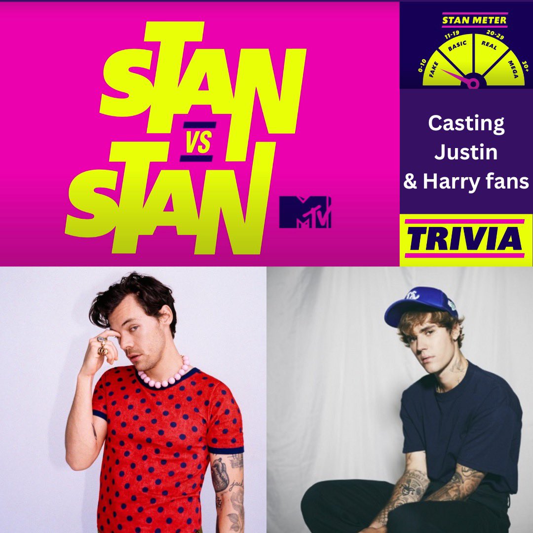 Casting Bieber &amp; Styles fans!  We added <a href="/justinbieber/">Justin Bieber</a> &amp; <a href="/Harry_Styles/">Harry Styles.</a> episodes to our fan trivia show Stan vs. Stan. If you are a huge fan &amp; think you know everything about them please email me Laurenwaterscasting@gmail.com put artist in subject #JustinBieber #HarryStyles #fans