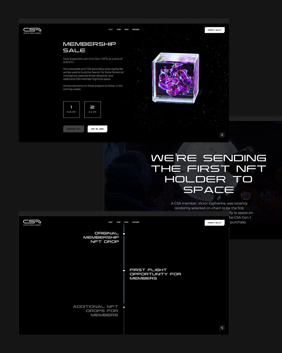 vvv_creative's tweet photo. CREATING AN NFT TO SEND SOMEONE TO SPACE 🚀👩‍🚀

We were tasked with creating a new brand, web3-enabled website &amp; NFT collection for the Crypto Space Agency, a group of space, crypto heavyweights who wanted to send the first Cryptonaut to space. https://t.co/duNavOK11N