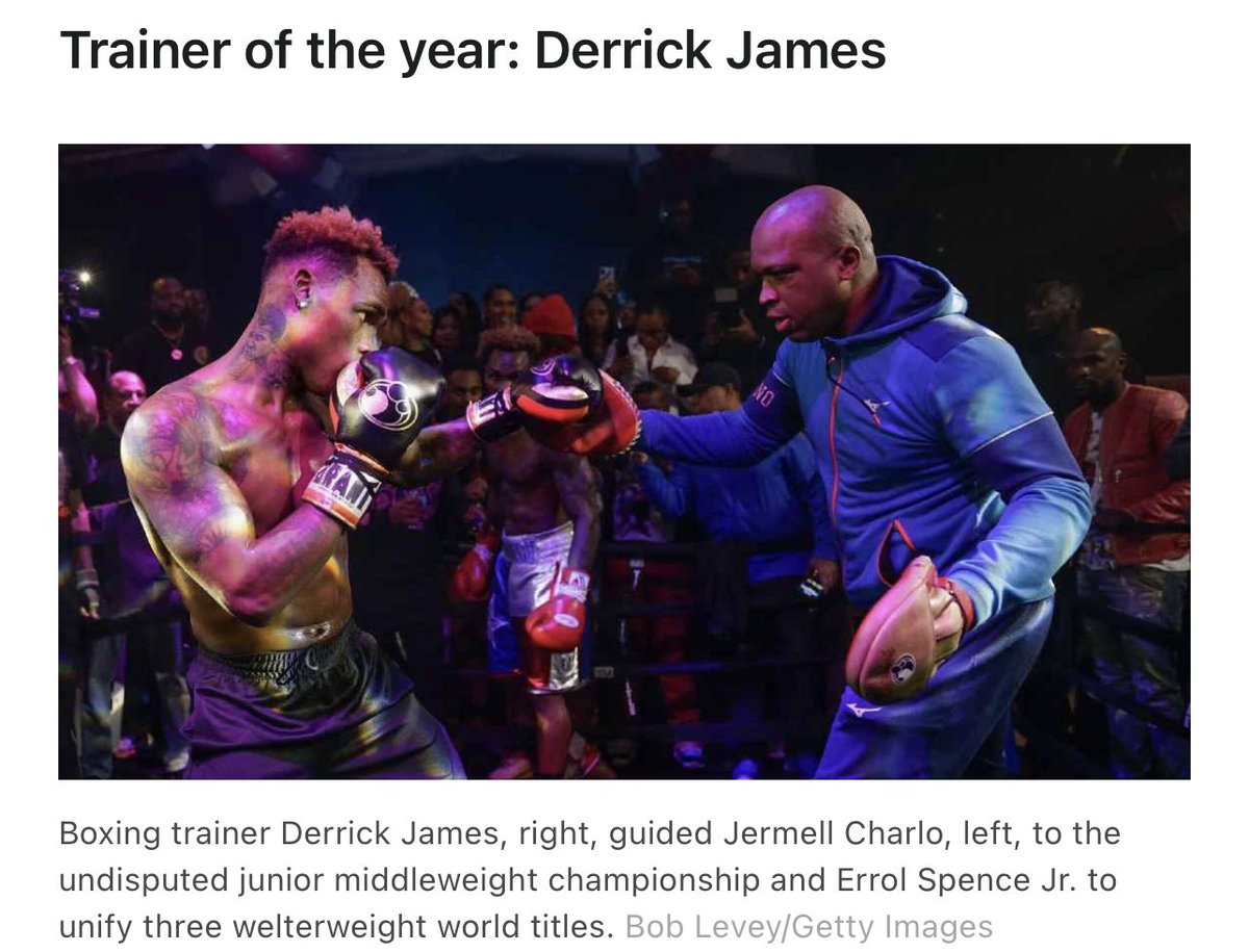 Derrick James is ESPN’s Trainer of the Year after a campaign in which <a href="/ErrolSpenceJr/">Errol Spence</a> added a third title with a  TKO-10 of Yordenis Ugas and <a href="/TwinCharlo/">JERMELL CHARLO</a> became undisputed with a 10th-round KO of Brian Castano. Two unification fights, two emphatic wins.

espn.com/boxing/story/_…