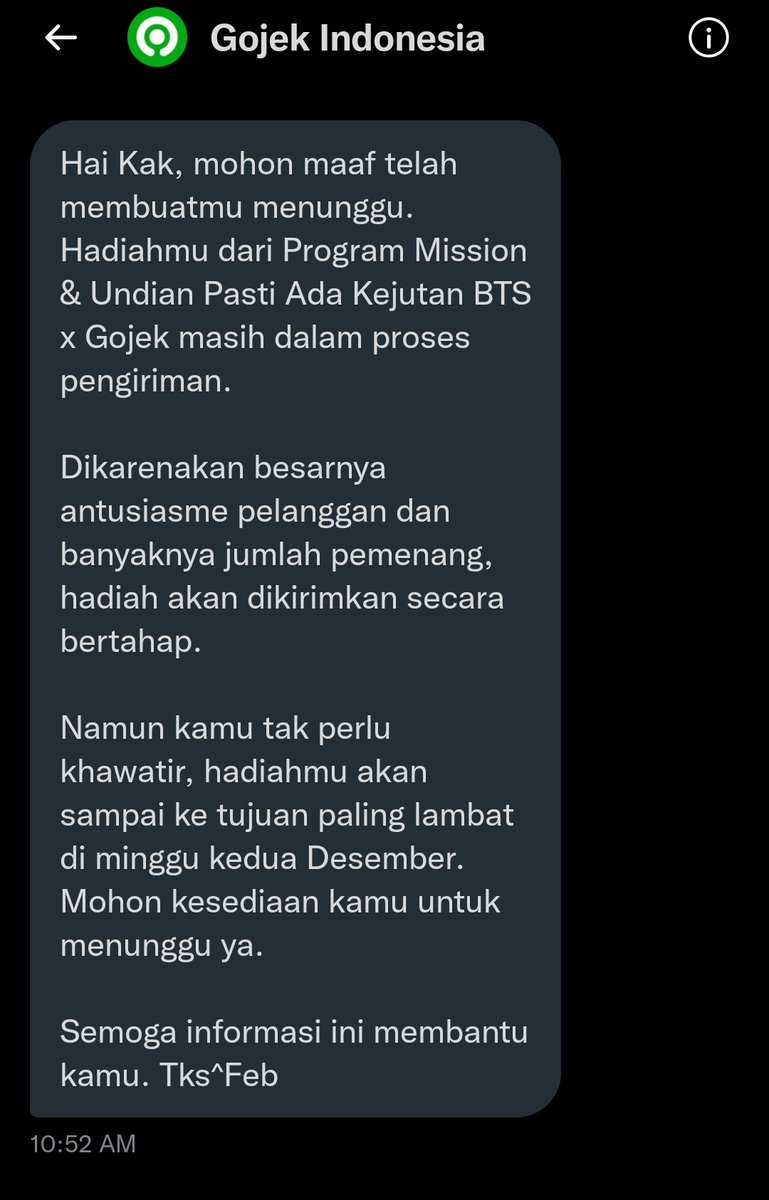 ndazelnut's tweet image. "tujuan paling lambat minggu kedua Desember"

jadi gimana min? @gojekindonesia belum dateng juga merchandise bts x gojek, padahal yg lain udah dateng. dari november lho min..

harusnya ada info berkala mengenai status pengiriman. ini kok kesannya janjiin customer terus wkwk🤣🤣