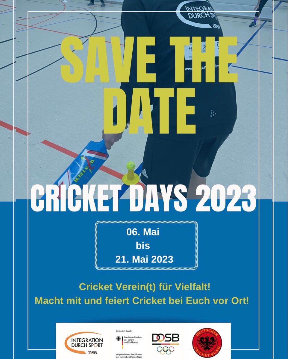 Cricket_Germany's tweet photo. 🗓️ Save the Date 🗓️

Es ist endlich wieder soweit! Markiert eure Kalender für die CricketDays23 🏏 ✌️ 

#CricketDays23 #indeinerstadt #machtmit #cricketforeveryone 
@DOSB_Integra https://t.co/H3KRjeJNxo