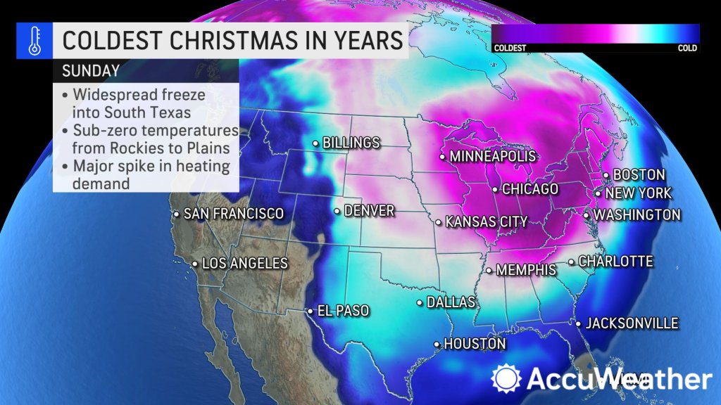 accuweather's tweet photo. Extremely cold air from Siberia will send the US into deep freeze days before Christmas. 
Forecast details: https://t.co/Wak2stlfjO https://t.co/OWjKaTp5oh