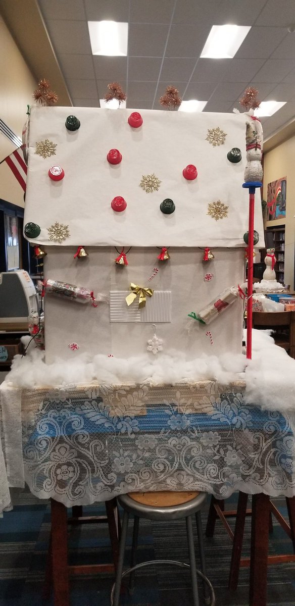 BCSMSHS's tweet photo. The MS/HS cafeteria staff make a large gingerbread house every year!  It always looks amazing! It will be up for 1 more week in the library! Thanks for everything you do for our students and staff! https://t.co/vm3PrpZgi5