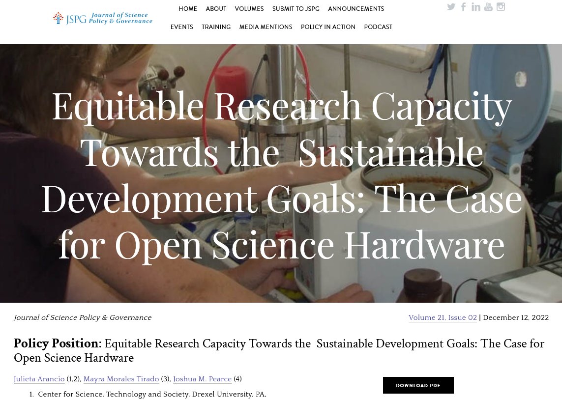 Open Hardware Makers (@openhwmakers) on Twitter photo 🔖<a href="/SciPolJournal/">Journal of Science Policy & Governance (JSPG)</a> & <a href="/UNESCO/">UNESCO 🏛️ #Education #Sciences #Culture 🇺🇳</a> just published this paper on why #openscience needs #openhardware #osch, written by our team member <a href="/Cassandreces/">Juli Arancio | cassandreces@scholar.social</a>
❤️, <a href="/ProfPearce/">Joshua Pearce</a> and @mayrismt. Congrats! ❤️🔥🎉
Read it here:
sciencepolicyjournal.org/article_103812… 🔖<a href="/SciPolJournal/">Journal of Science Policy & Governance (JSPG)</a> & <a href="/UNESCO/">UNESCO 🏛️ #Education #Sciences #Culture 🇺🇳</a> just published this paper on why #openscience needs #openhardware #osch, written by our team member <a href="/Cassandreces/">Juli Arancio | cassandreces@scholar.social</a>
❤️, <a href="/ProfPearce/">Joshua Pearce</a> and @mayrismt. Congrats! ❤️🔥🎉
Read it here:
sciencepolicyjournal.org/article_103812…