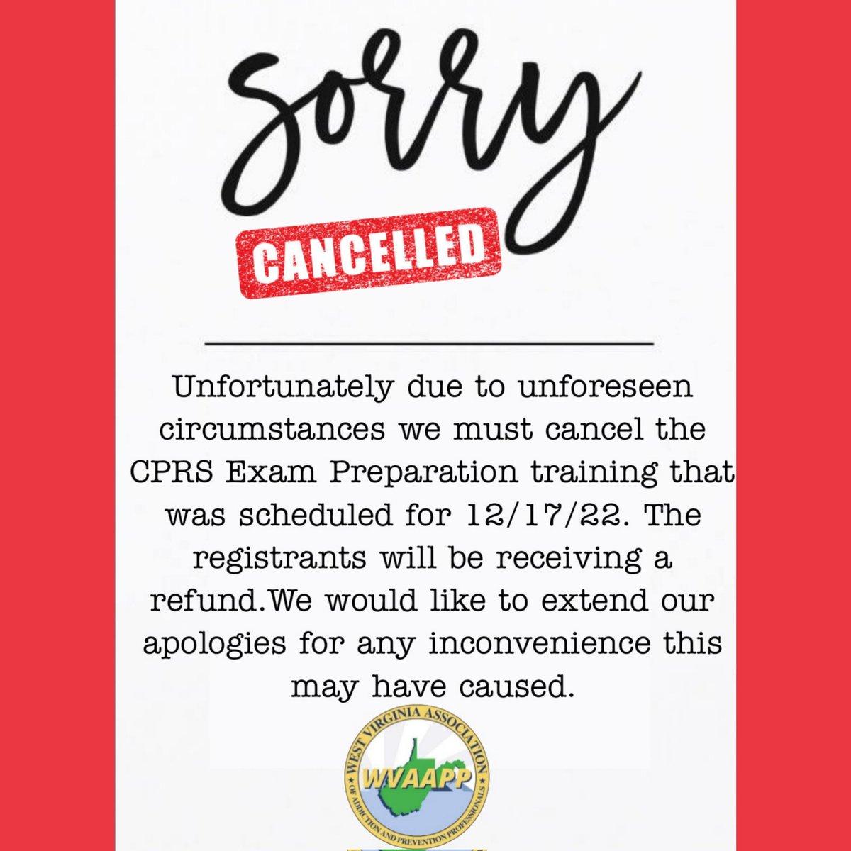 📣 Unfortunately tomorrow's CPRS Exam Preparation training is cancelled. 😞 Registrants: Please be on the lookout for an email and a full refund. We apologize for the inconvenience.