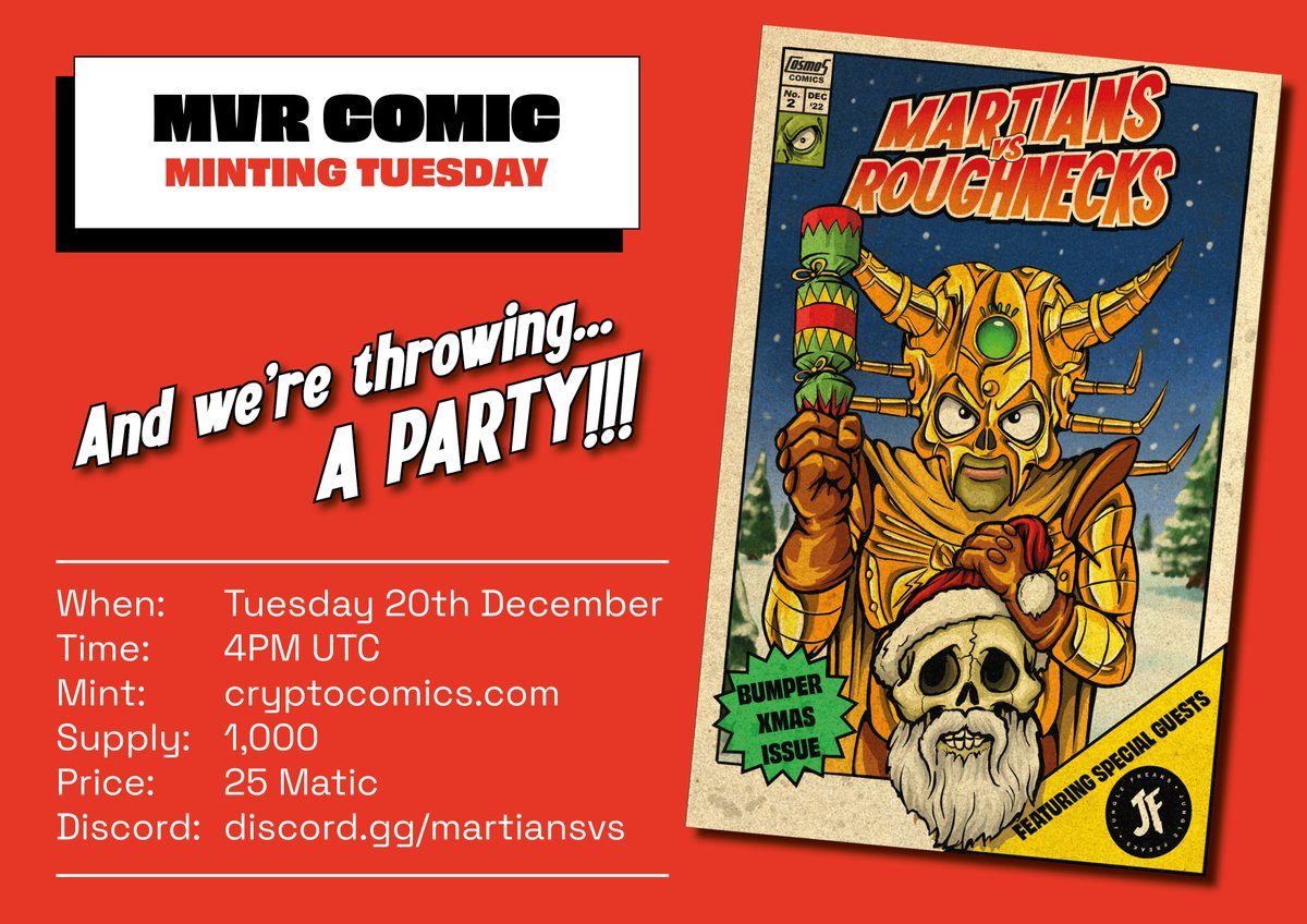 Martians vs Roughnecks (@martiansvs) on Twitter photo πΈ IT'S COMING... πΈ
The stunning second edition of the MvR Comic is dropping on Tuesday 20 December. β°
Join us for a day of celebration. Party starts in the Discord at 3.30pm UTC. π
Bumper festive edition, games & giveaways, & guest appearances from <a href="/JungleFreaksNFT/">JUNGLE FREAKS</a> π₯π₯π₯ πΈ IT'S COMING... πΈ
The stunning second edition of the MvR Comic is dropping on Tuesday 20 December. β°
Join us for a day of celebration. Party starts in the Discord at 3.30pm UTC. π
Bumper festive edition, games & giveaways, & guest appearances from <a href="/JungleFreaksNFT/">JUNGLE FREAKS</a> π₯π₯π₯
