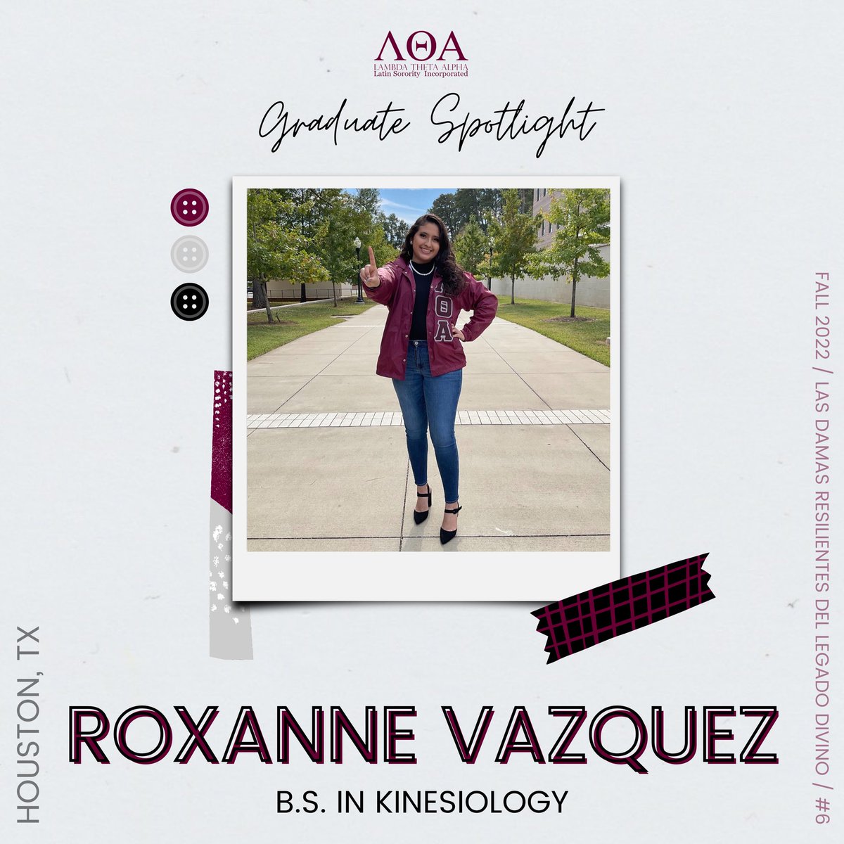 🎓 GRADUATE SPOTLIGHT 🎓
•
ROXANNE VAZQUEZ, a Fall 2022 initiate of <a href="/lta_etazeta/">SFASU Lambda Theta Alpha</a> from Houston, TX, graduated from SFA with a B.S. in Kinesiology. She plans to go to dental hygienist school to become a dental hygienist and then work her ways towards becoming a dentist.