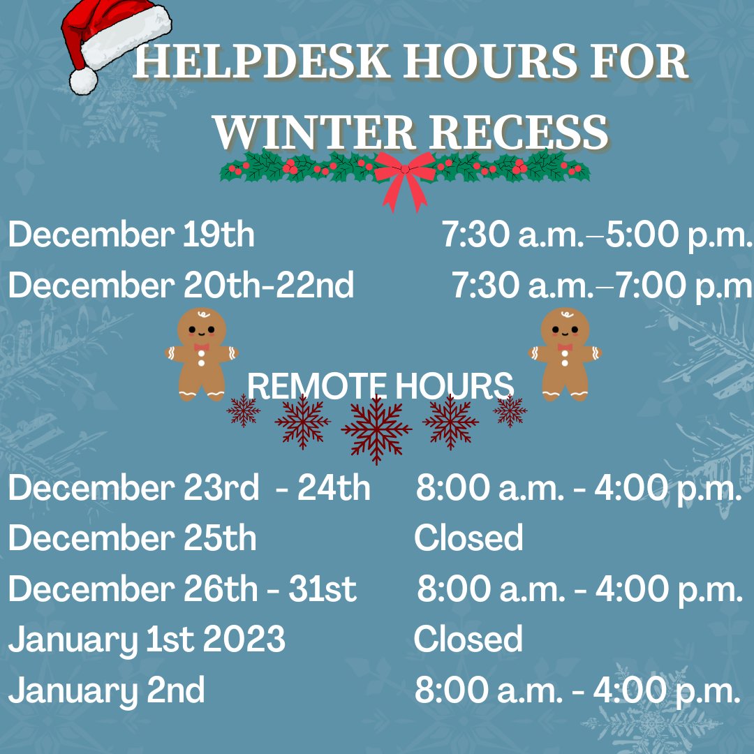 PurdueFW_ITS_HD's tweet photo. ❄ Happy Holidays ❄

Aren't you glad the finals are over!?

With the winter break approaching Helpdesk will remain open to help all of you out!
We will be on campus till the 12/22/22. However we will be available remotely( on call and email) from 12/23/22 to 01/02/23. https://t.co/zE4eGHiO1T