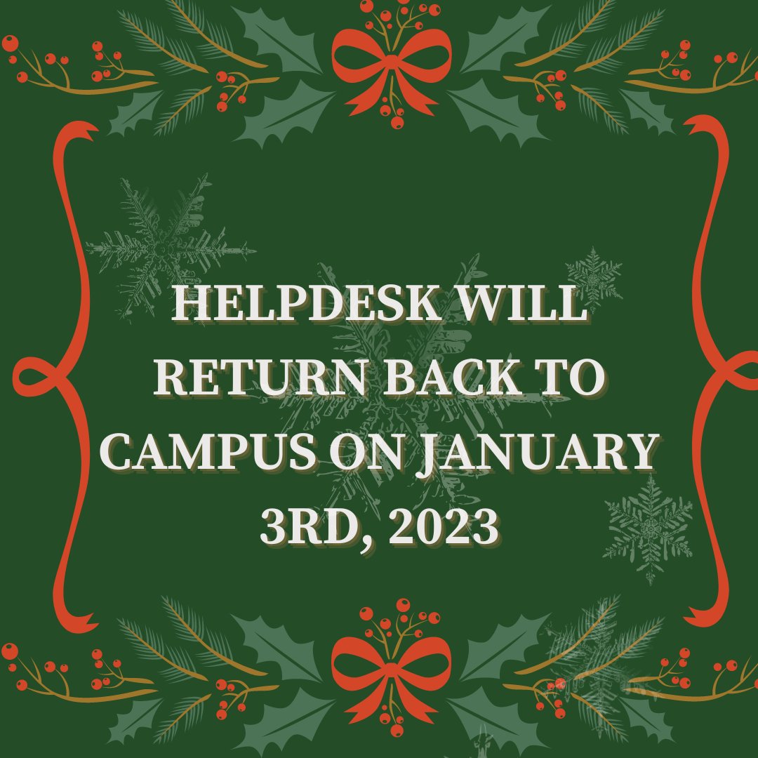 PurdueFW_ITS_HD's tweet photo. ❄ Happy Holidays ❄

Aren't you glad the finals are over!?

With the winter break approaching Helpdesk will remain open to help all of you out!
We will be on campus till the 12/22/22. However we will be available remotely( on call and email) from 12/23/22 to 01/02/23. https://t.co/zE4eGHiO1T