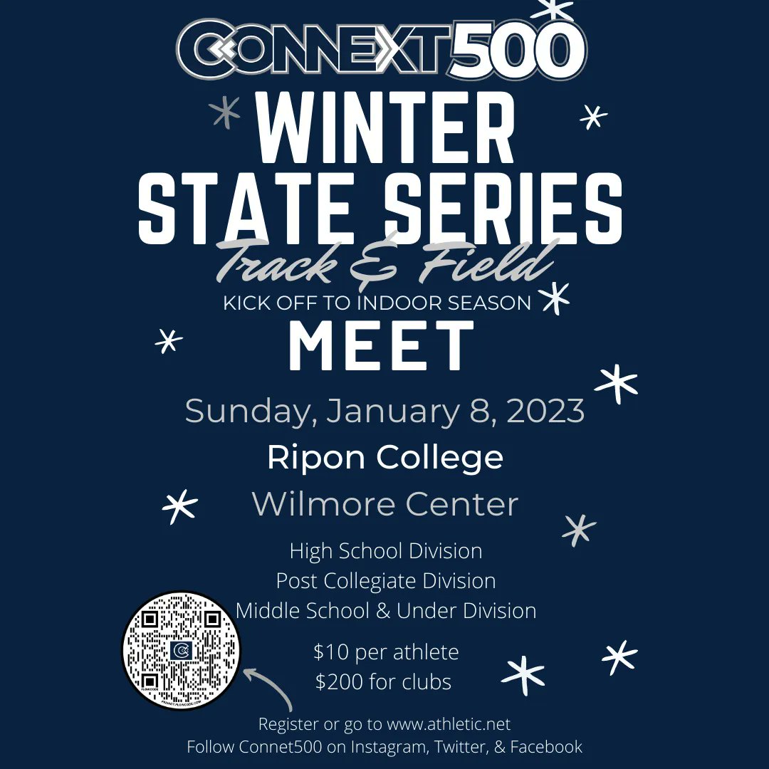 Registration is open!  Get back to track at Ripon College!  Open meet for groups middle school &amp; under, high school, &amp; post collegiate. Join us on Sunday, Jan 8th!  Register here:  athletic.net/TrackAndField/…