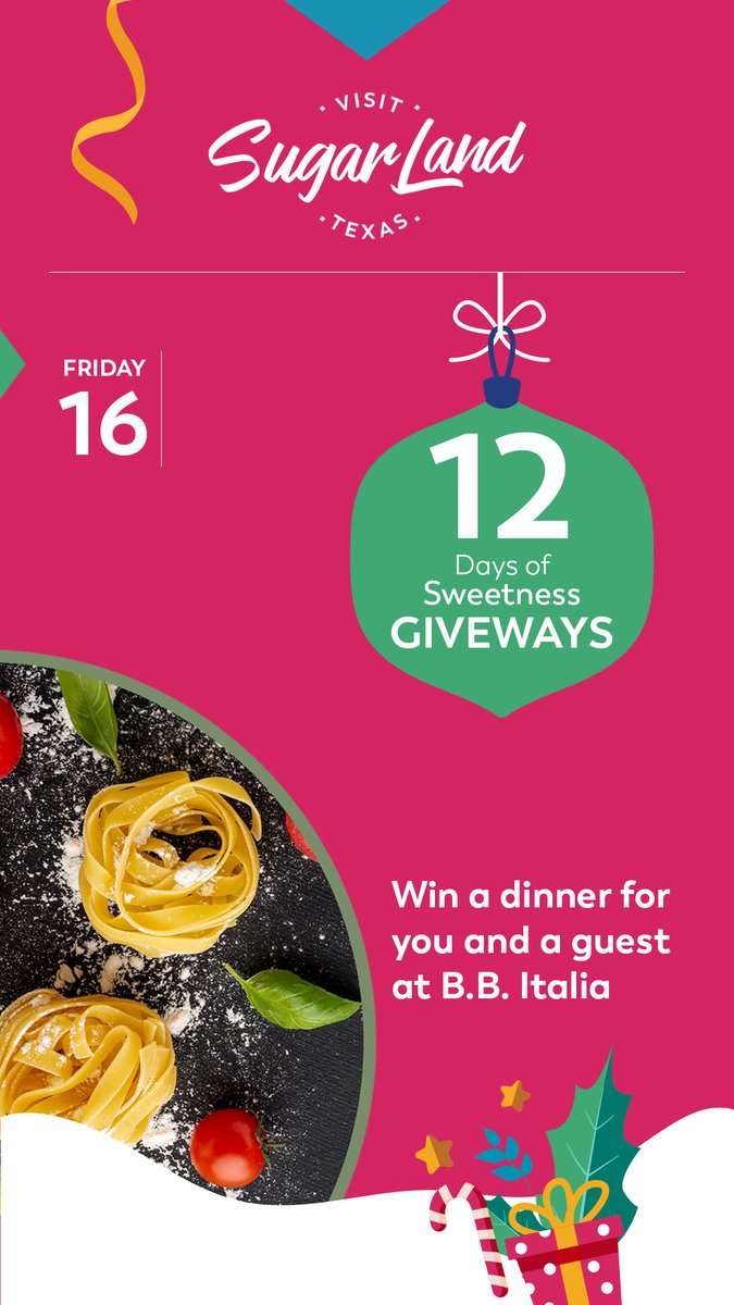 VisitSugarLand's tweet photo. π DAY 6 π As part of our #12DaysofSweetness, we are giving a lucky winner a dinner for two valued at $200 at @bbitaliabistro!
TO ENTER:
1. Follow @VisitSugarLand and @bbitaliabistro.
2. β€οΈ and Retweet this post.
4. Sign up β‘οΈ https://t.co/NGuM1ltlOX
Winner announced on 12/23! https://t.co/iu2NCtwSEB