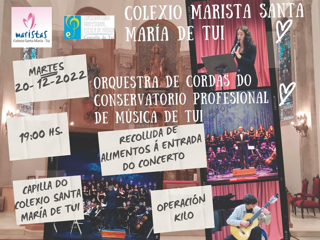 Concierto de Navidad
Orquesta profesional de cuerda del conservatorio de Tui.
Música+Navidad+Solidaridad=GranExperiencia
Te esperamos el martes 20/12/2022 a las 19:00h en la Capilla del colegio (acceso por recepción)